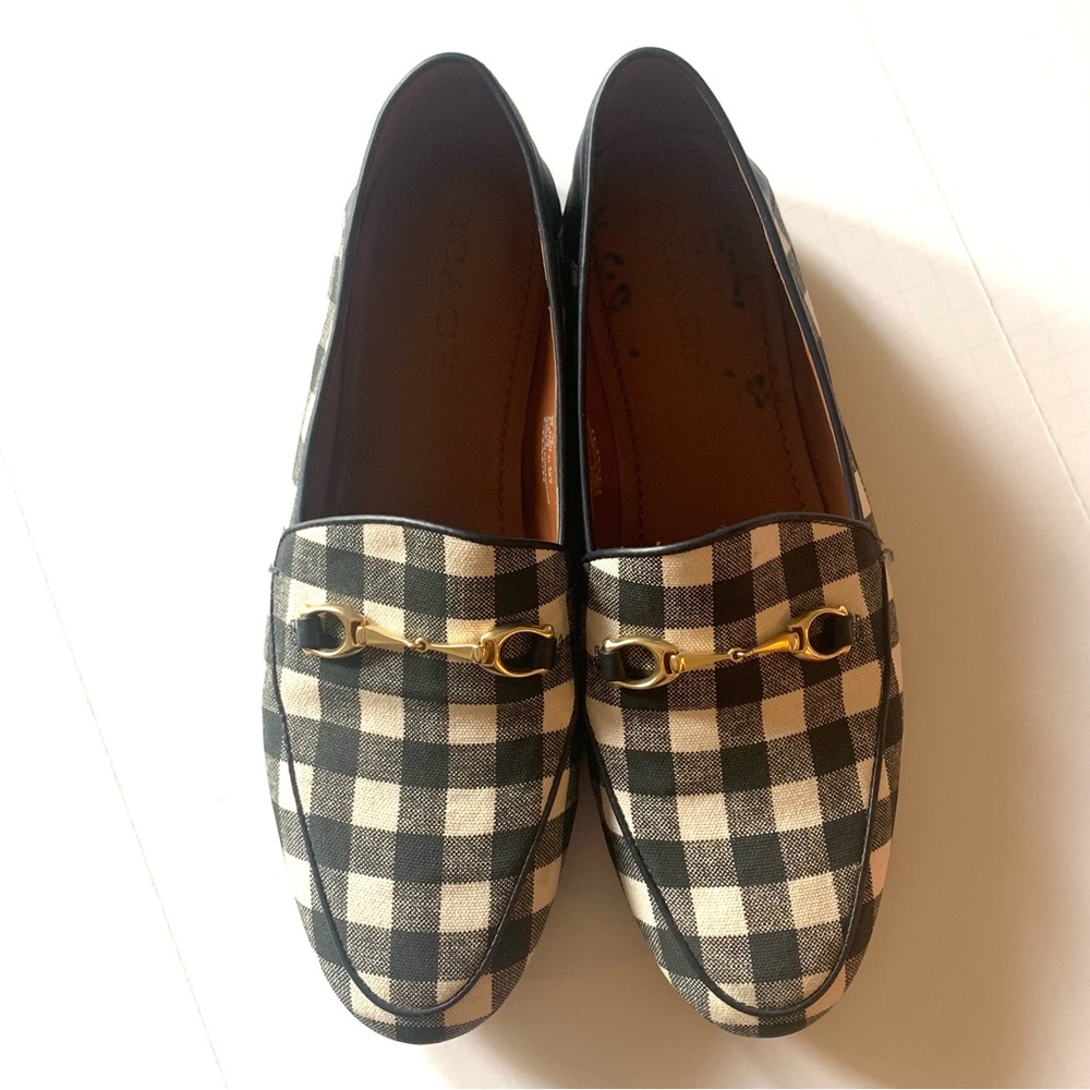 Coach Haley Loafer with Gingham Print Navy Blue Leather & Gold Details Size 9